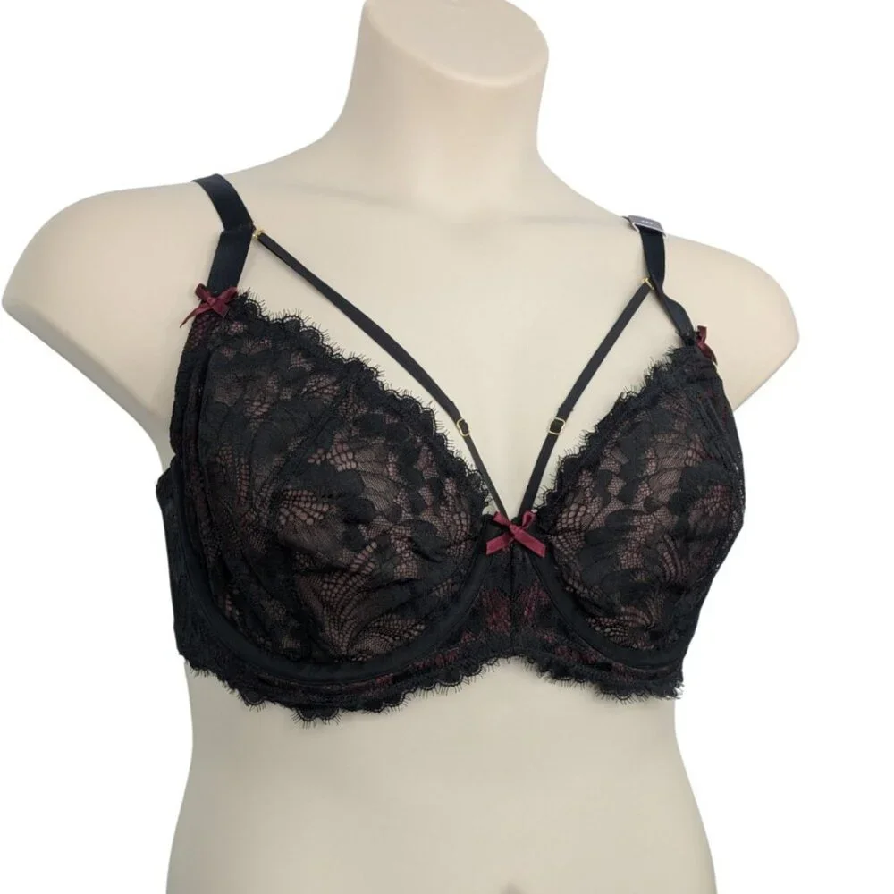 Cacique Womens Balconette Bra 42D Black Red Lace Underwire Unlined - Picture 4 of 10